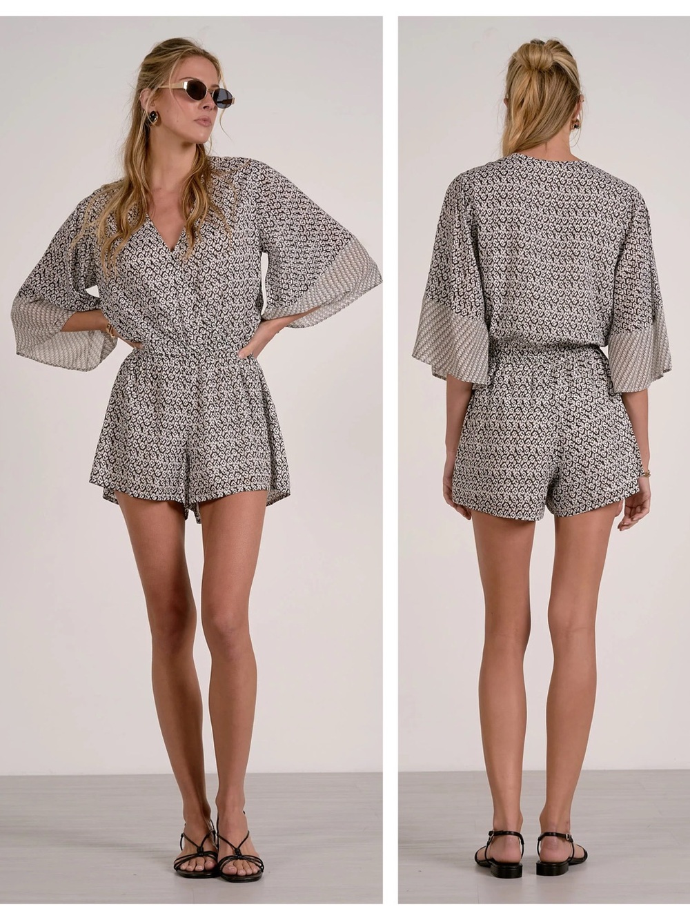 Elan Zina Ruffle Sleeve Romper Small Black Printed V Neck NWT Geometric